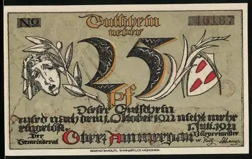 Notgeld Oberammergau 1921, 25 Pfennig, Stadtpanorama, Gutschein