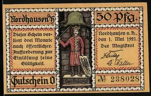 Notgeld Nordhausen a. H. 1921, 50 Pfennig, Finkenburg und Roland, Gutschein