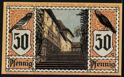 Notgeld Nordhausen a. H. 1921, 50 Pfennig, Finkenburg und Roland, Gutschein