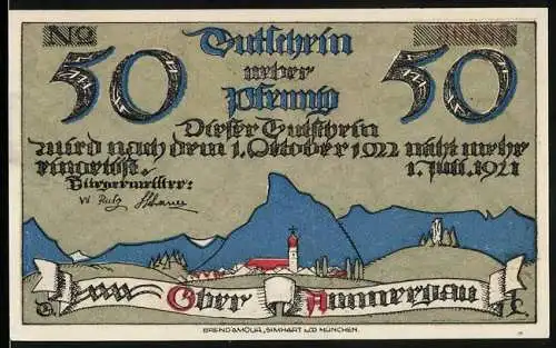 Notgeld Oberammergau 1921, 50 Pfennig, Stadtpanorama, Menschen klettern auf einen Baum, Gutschein