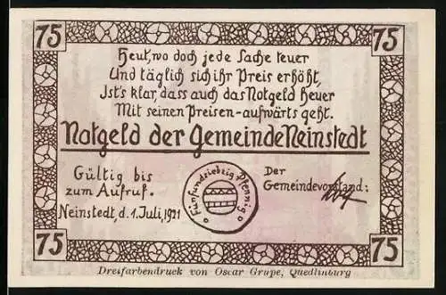 Notgeld Neinstedt 1921, 75 Pfennig, Kirchenbrunnen