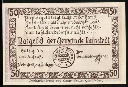 Notgeld Neinstedt 1921, 50 Pfennig, Teilansicht der Neinst. Anstalten