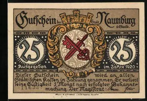 Notgeld Naumburg a. Saale 1920, 25 Pfennig, Wenzelskirche, Wappen, Gutschein