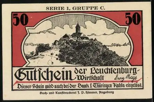 Notgeld Kahla, 50 Pfennig, Leuchtenburg und Walpurgisnacht, Gutschein