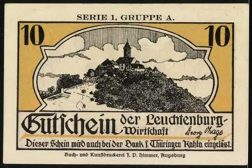 Notgeld Kahla, 10 Pfennig, Leuchtenburg und Walpurgisnacht, Gutschein