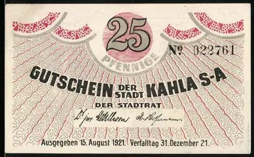 Notgeld Kahla 1921, 25 Pfennig, Stadtpanorama und Porzellan, Gutschein