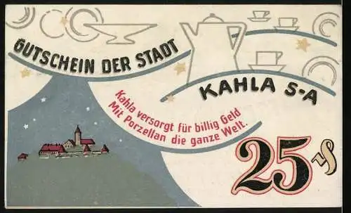 Notgeld Kahla 1921, 25 Pfennig, Stadtpanorama und Porzellan, Gutschein