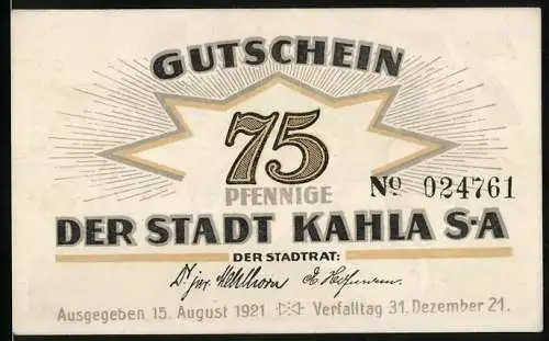Notgeld Kahla 1921, 75 Pfennig, Stadtpanorama und Porzellan, Gutschein