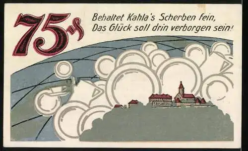 Notgeld Kahla 1921, 75 Pfennig, Stadtpanorama und Porzellan, Gutschein