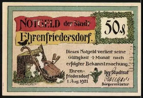 Notgeld Ehrenfriedersdorf 1921, 50 Pfennig, Oswald Barthels Abschied