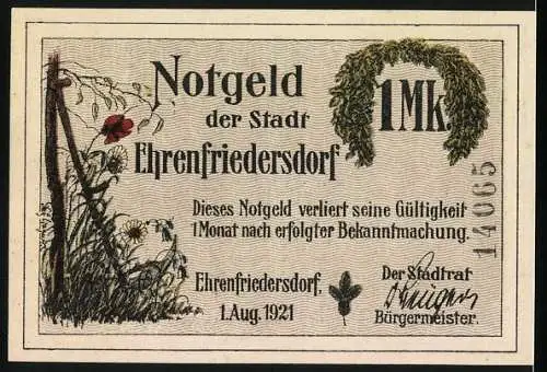 Notgeld Ehrenfriedersdorf 1921, 1 Mark, Oswald Barthels Tod