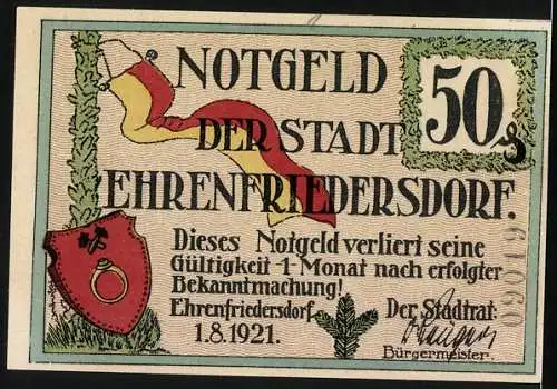 Notgeld Ehrenfriedersdorf 1921, 50 Pfennig, Ehrenfriedersdorfs Erhebung zur Stadt, Wappen