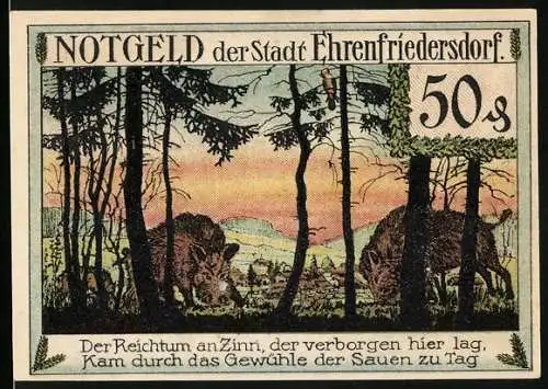 Notgeld Ehrenfriedersdorf 1921, 50 Pfennig, Wildschweine am Waldrand