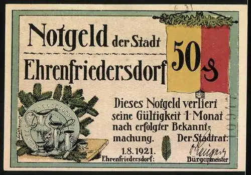 Notgeld Ehrenfriedersdorf 1921, 50 Pfennig, Wildschweine am Waldrand