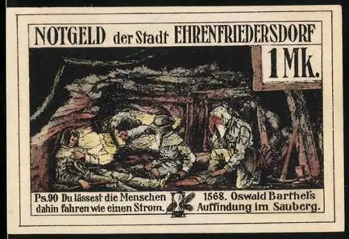 Notgeld Ehrenfriedersdorf 1921, 1 Mark, Oswald Barthels Auffindung im Sauberg