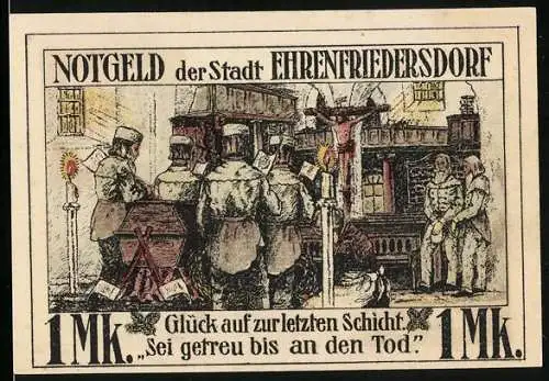 Notgeld Ehrenfriedersdorf 1921, 1 Mark, Trauerfeier in der Kirche Glück auf zur letzten Schicht