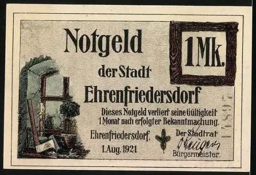 Notgeld Ehrenfriedersdorf 1921, 1 Mark, Trauerfeier in der Kirche Glück auf zur letzten Schicht