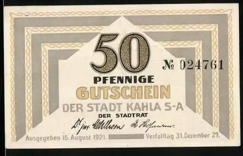 Notgeld Kahla 1921, 50 Pfennig, Stadtpanorama und Porzellan, Gutschein