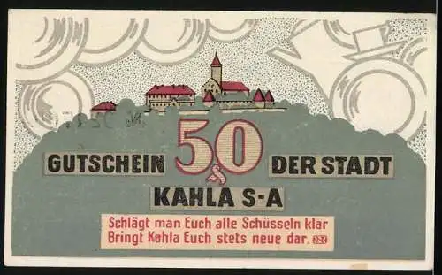 Notgeld Kahla 1921, 50 Pfennig, Stadtpanorama und Porzellan, Gutschein