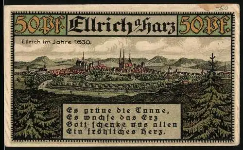 Notgeld Ellrich a. Harz 1921, 50 Pfennig, Ellrich im Jahre 1630, Wappen, Gutschein