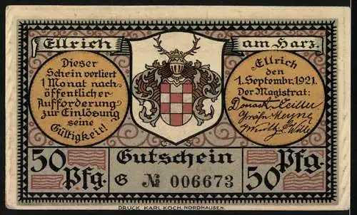 Notgeld Ellrich a. Harz 1921, 50 Pfennig, Ellrich im Jahre 1630, Wappen, Gutschein