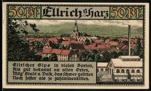 Notgeld Ellrich a. Harz 1921, 50 Pfennig, Panorama und Wappen, Gutschein