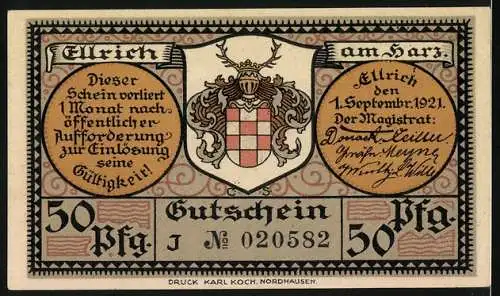 Notgeld Ellrich a. Harz 1921, 50 Pfennig, Panorama und Wappen, Gutschein