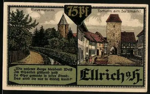 Notgeld Ellrich a. Harz 1921, 75 Pfennig, Ravensturm, Torturm am Salzmarkt, Wappen, Gutschein