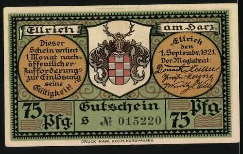 Notgeld Ellrich a. Harz 1921, 75 Pfennig, Ravensturm, Torturm am Salzmarkt, Wappen, Gutschein