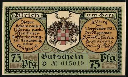 Notgeld Ellrich a. Harz 1921, 75 Pfennig, Frauenbergs Kirche, Stadtmauer m. Tor u. Johanniskirche, Wappen, Gutschein