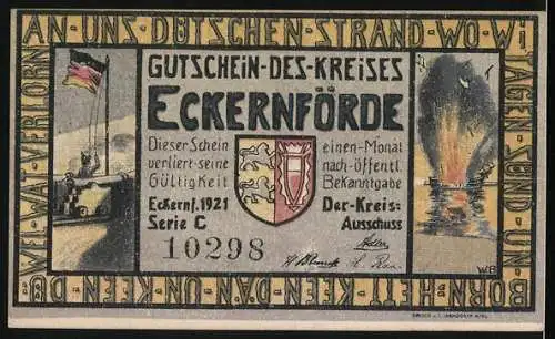 Notgeld Eckernförde 1921, 1 Mark, Seeschlacht 15. April 1849, Explodierendes Schiff