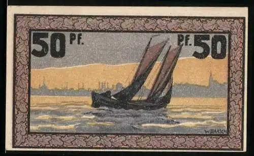 Notgeld Eckernförde 1921, 50 Pfennig, Segelboot vor Stadtpanorama, Fische im Rauch