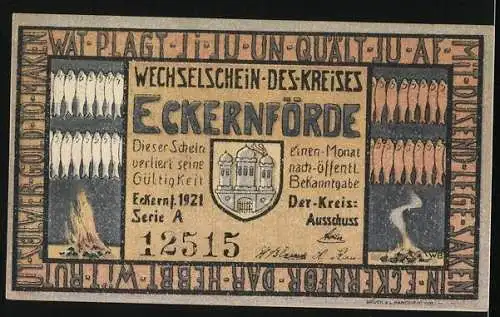 Notgeld Eckernförde 1921, 50 Pfennig, Segelboot vor Stadtpanorama, Fische im Rauch