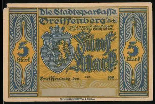 Notgeld Greiffenberg i. Schl., 5 Mark, Rübezahl überschüttet Greiffenberg mit Dukaten, Wappen