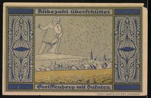 Notgeld Greiffenberg i. Schl., 5 Mark, Rübezahl überschüttet Greiffenberg mit Dukaten, Wappen