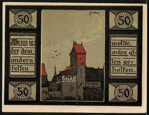 Notgeld Mainbernheim 1921, 50 Pfennig, Ortspartie und Wappen, Gutschein