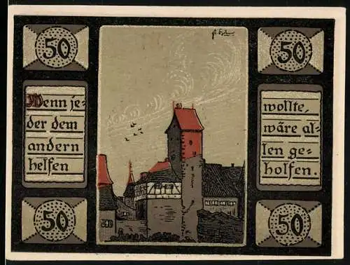 Notgeld Mainbernheim 1921, 50 Pfennig, Ortspartie und Wappen, Gutschein