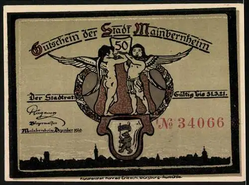 Notgeld Mainbernheim 1921, 50 Pfennig, Ortspartie und Wappen, Gutschein