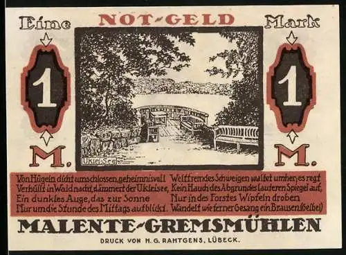 Notgeld Malente-Gremsmühlen 1920, 1 Mark, Ukleisee, Bildnis der Voss` Luise