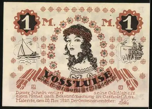 Notgeld Malente-Gremsmühlen 1920, 1 Mark, Ukleisee, Bildnis der Voss` Luise