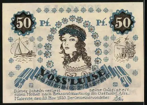 Notgeld Malente-Gremsmühlen 1920, 50 Pfennig, Dieksee, Bildnis Voss` Luise