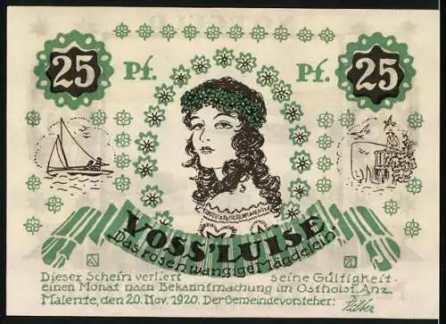 Notgeld Malente-Gremsmühlen 1920, 25 Pfennig, Kellersee, Bildnis Voss` Luise