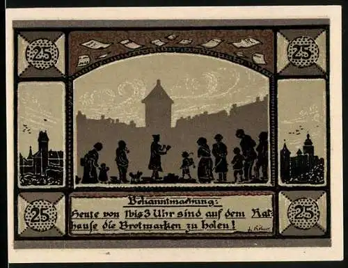 Notgeld Mainbernheim 1921, 25 Pfennig, Einwohner warten auf die Brotmarken, Wappen, Gutschein