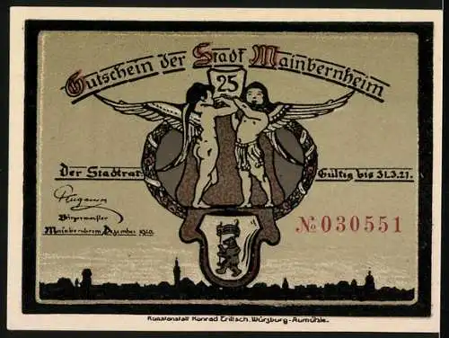 Notgeld Mainbernheim 1921, 25 Pfennig, Einwohner warten auf die Brotmarken, Wappen, Gutschein