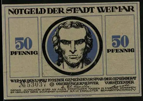 Notgeld Weimar 1921, 50 Pfennig, Porträt Friedrich Schiller, Mann betet gen Himmel