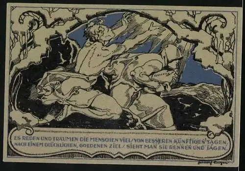 Notgeld Weimar 1921, 50 Pfennig, Porträt Friedrich Schiller, Mann betet gen Himmel