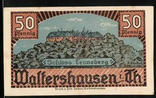 Notgeld Waltershausen i. Th. 1921, 50 Pfennig, Schloss Tenneberg, Thür. Wandersmann August Trinius im Porträt