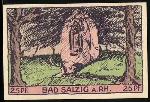 Notgeld Bad Salzig a. Rh. 1921, 25 Pfennig, Gedenkstein und Frau an der Quelle