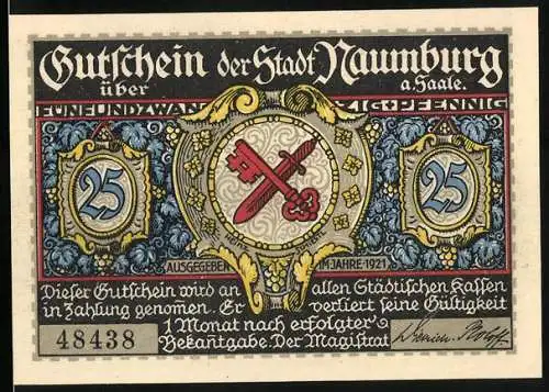 Notgeld Naumburg a. Saale 1921, 25 Pfennig, Herrnthor und Wappen, Gutschein