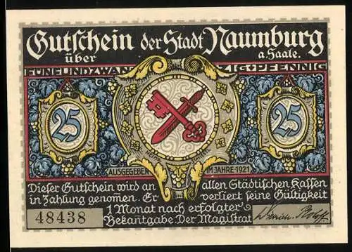 Notgeld Naumburg a. Saale 1921, 25 Pfennig, Salzthor und Wappen, Gutschein